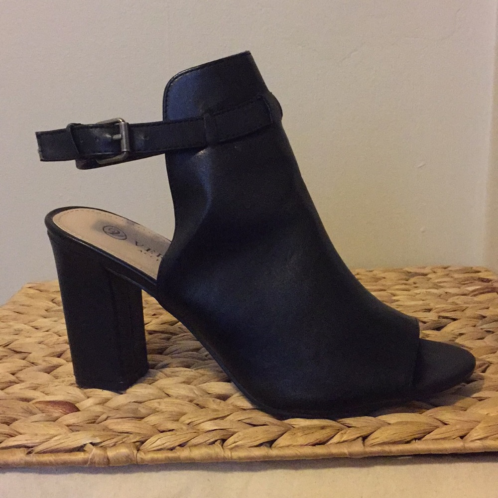Black peep toe, open back booties